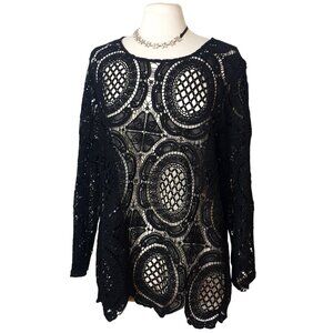 Cato Woman Plus Lace Top 18/20W Black Crochet Overlay Chic Preppy Layering Y2K